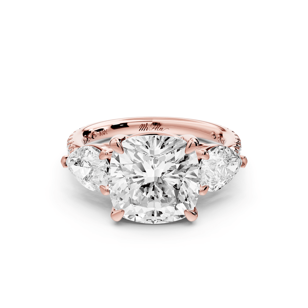 Alma - 4ct 14k rose gold cushion center stone with two pear shaped diamonds and pavé. Three stone oval and pear engagement ring with Pavé - Mr. Alex Jewelry
