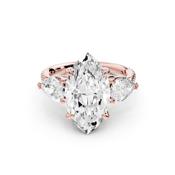 Alma - 4ct 14k rose gold marquise center stone with two pear shaped diamonds and pavé. Three stone oval and pear engagement ring with Pavé - Mr. Alex Jewelry