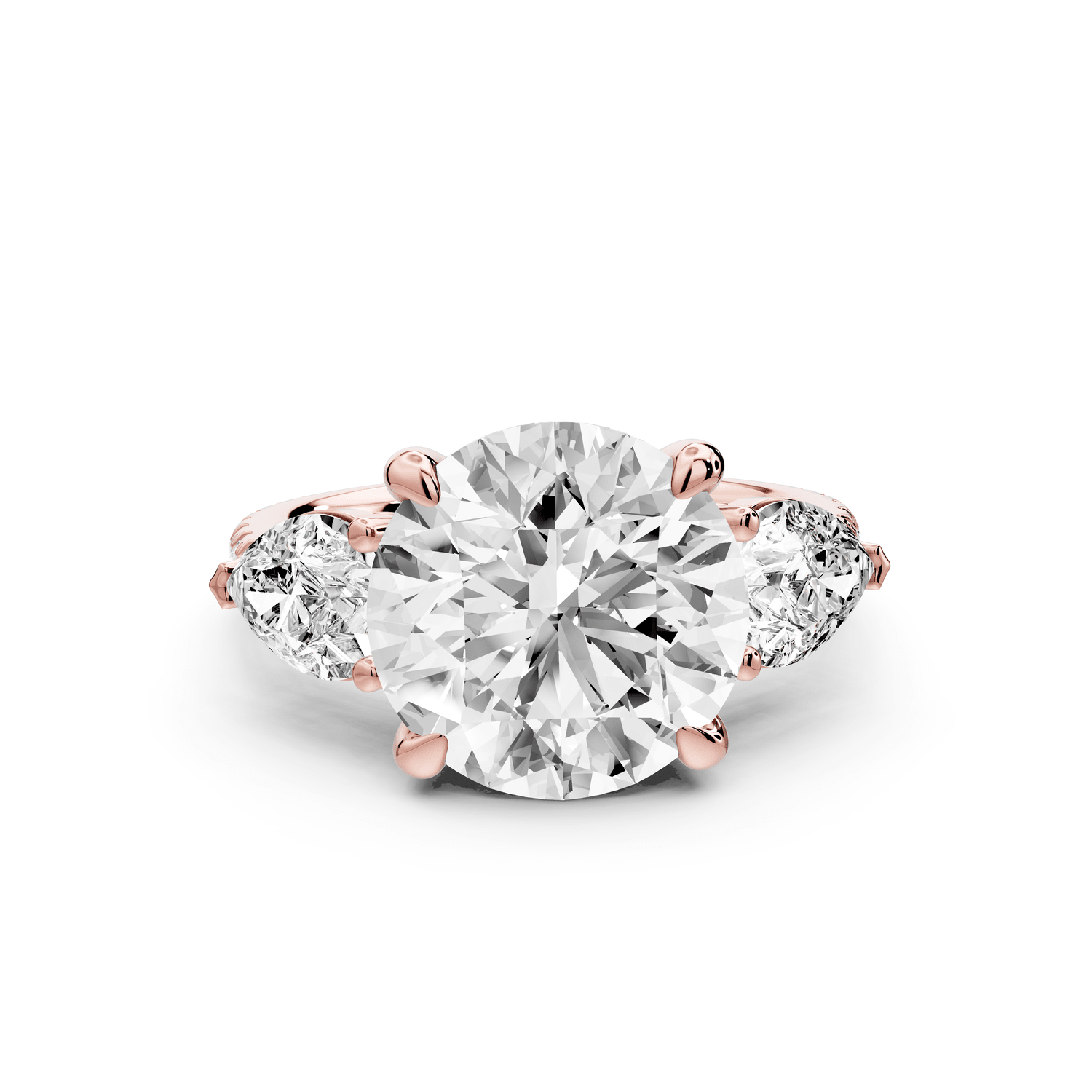 Alma - 4ct 14k rose gold round center stone with two pear shaped diamonds and pavé. Three stone oval and pear engagment ring with Pavé - Mr. Alex Jewelry