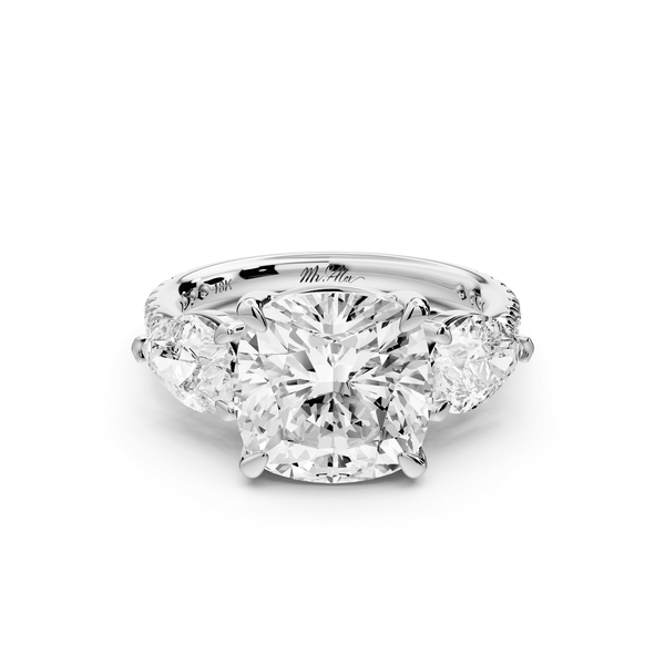Alma - 4ct 14k white gold cushion center stone with two pear shaped diamonds and pavé. Three stone oval and pear engagement ring with Pavé - Mr. Alex Jewelry