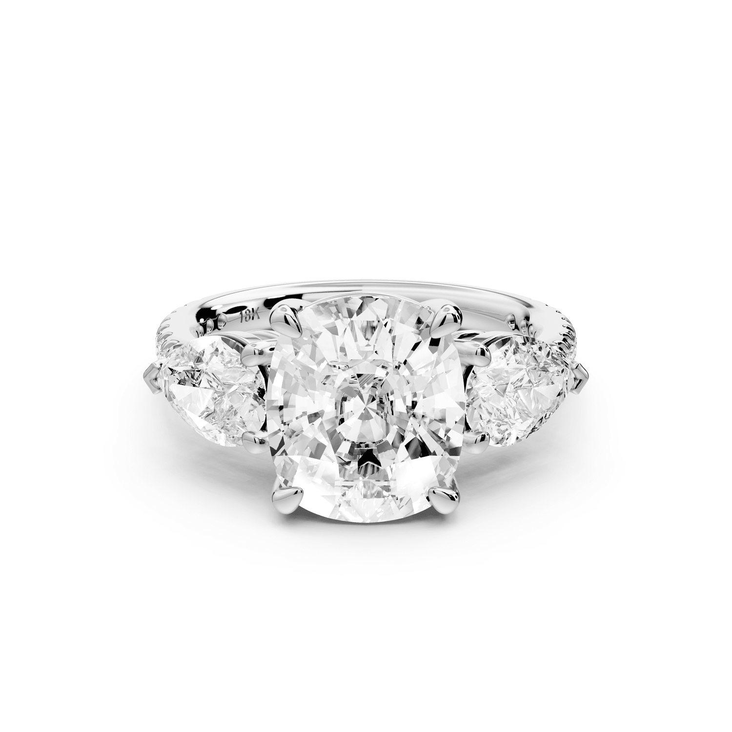 Alma - 4ct 14k white gold ecushion center stone with two pear shaped diamonds and pavé. Three stone oval and pear engagement ring with Pavé - Mr. Alex Jewelry