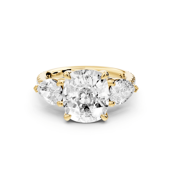 Alma - 4ct 14k yellow gold ecushion center stone with two pear shaped diamonds and pavé. Three stone oval and pear engagement ring with Pavé - Mr. Alex Jewelry