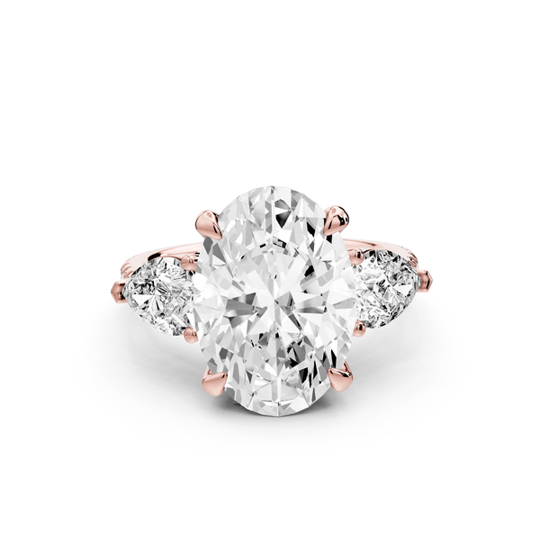 Alma - 4ct 18k rose gold oval center stone with two pear shaped diamonds and pavé. Three stone oval and pear Engagement ring with Pavé - Mr. Alex Jewelry