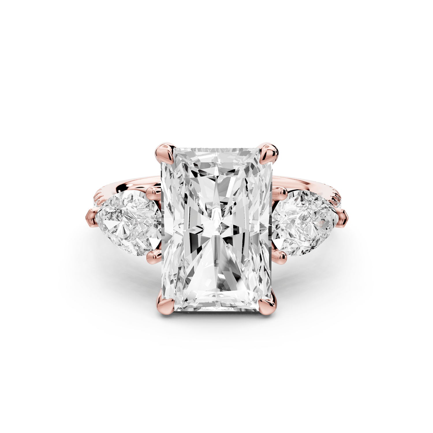 Alma - 4ct 18k rose gold radiant center stone with two pear shaped diamonds and pavé. Three stone oval and pear engagement ring with Pavé - Mr. Alex Jewelry
