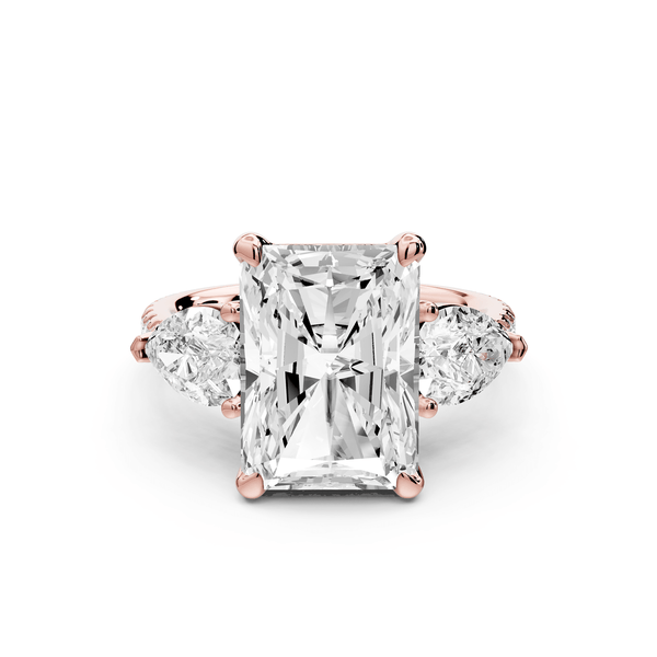 Alma - 5ct 14k rose gold radiant center stone with two pear shaped diamonds and pavé. Three stone oval and pear engagement ring with Pavé - Mr. Alex Jewelry