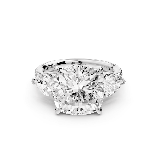 Alma - 5ct 14k white gold cushion center stone with two pear shaped diamonds and pavé. Three stone oval and pear engagement ring with Pavé - Mr. Alex Jewelry