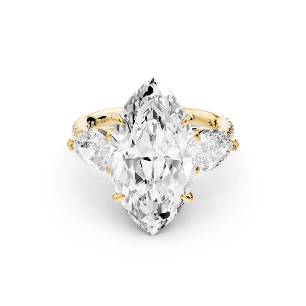 Alma - 5ct 14k yellow gold marquise center stone with two pear shaped diamonds and pavé. Three stone oval and pear engagement ring with Pavé - Mr. Alex Jewelry