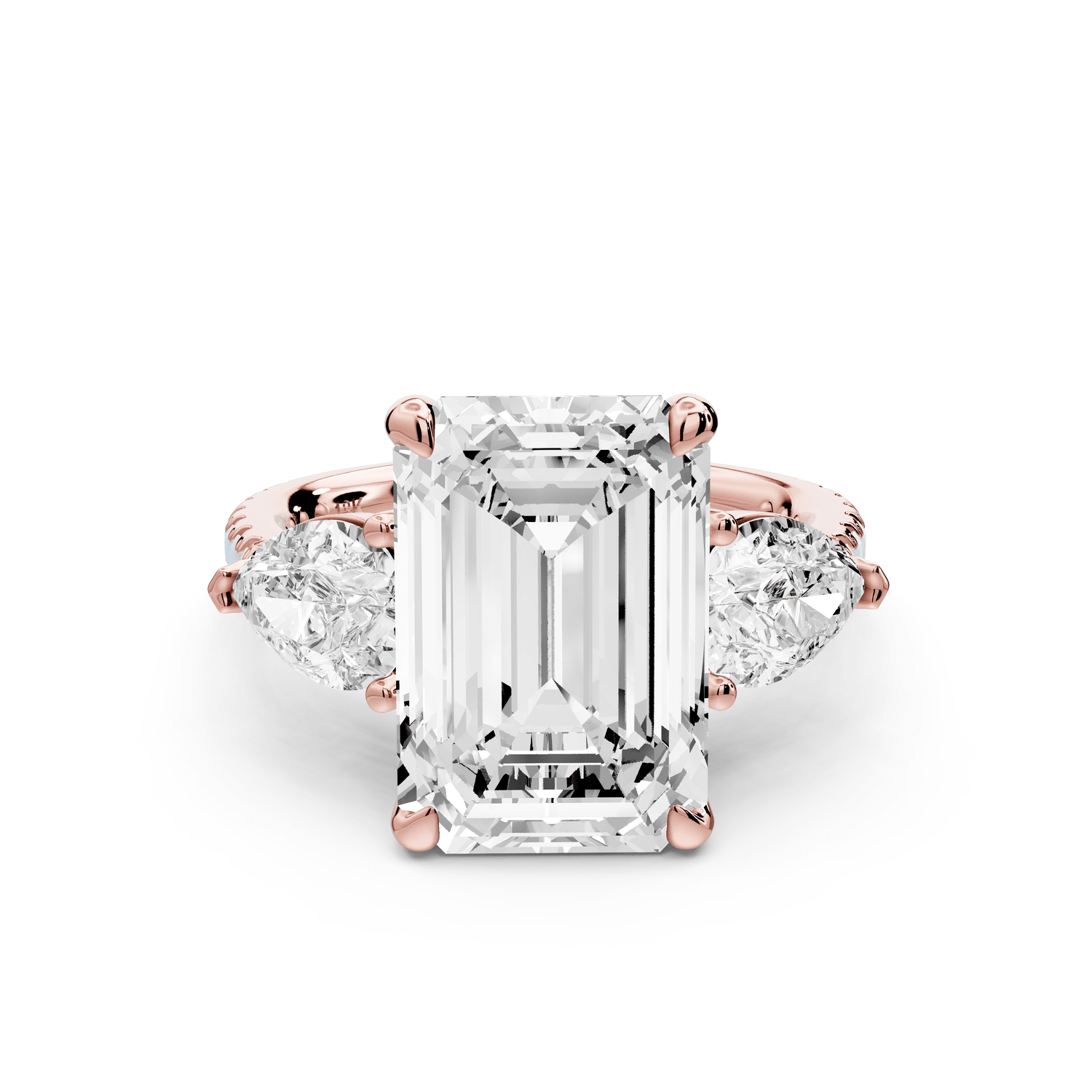 Alma - 5ct 18k rose gold emerald center stone with two pear shaped diamonds and pavé. Three stone oval and pear Engagement ring with Pavé - Mr. Alex Jewelry