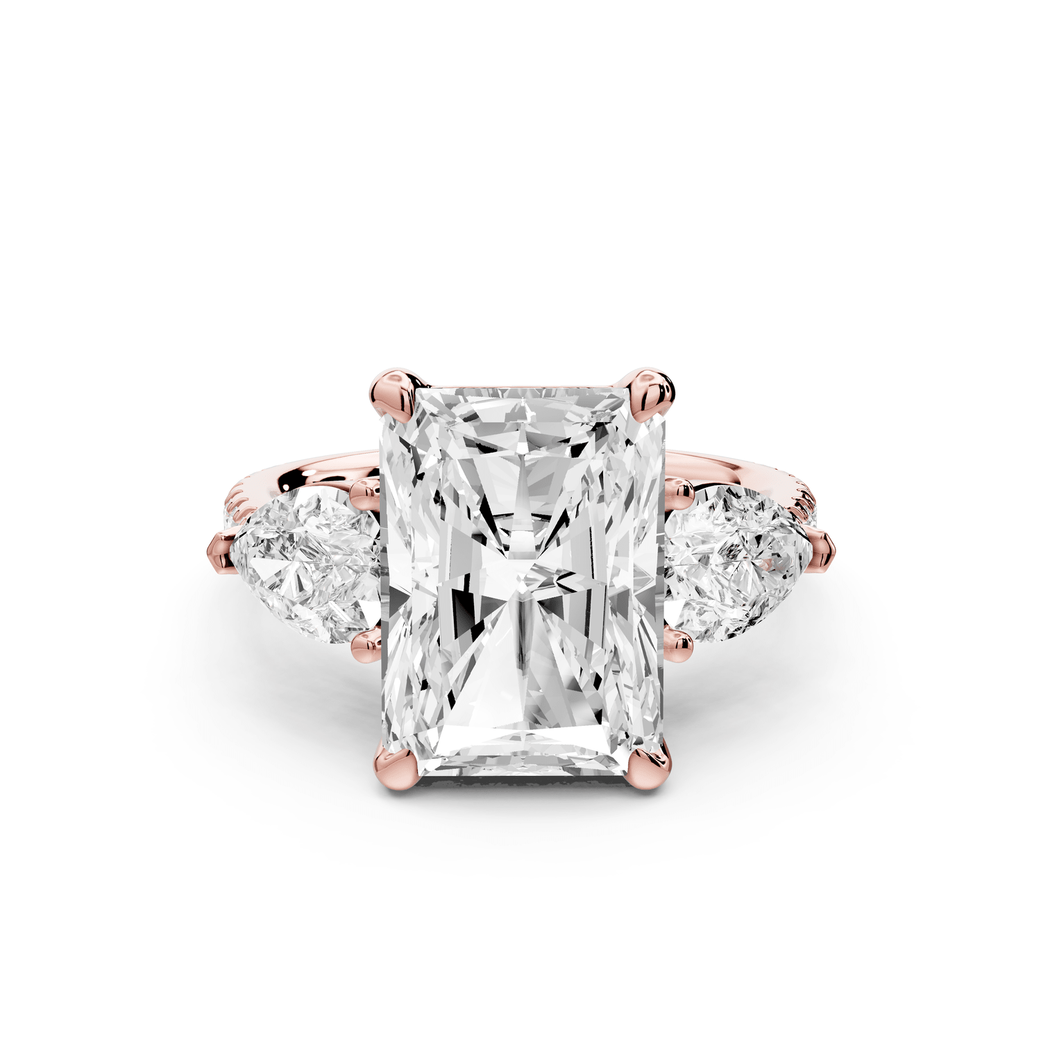 Alma - 5ct 18k rose gold radiant center stone with two pear shaped diamonds and pavé. Three stone oval and pear engagement ring with Pavé - Mr. Alex Jewelry