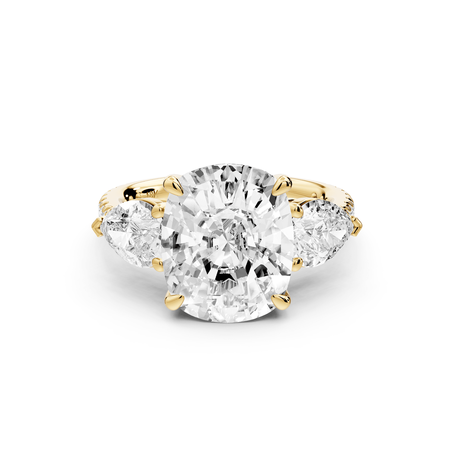 Alma - 5ct 18k yellow gold ecushion center stone with two pear shaped diamonds and pavé. Three stone oval and pear engagement ring with Pavé - Mr. Alex Jewelry