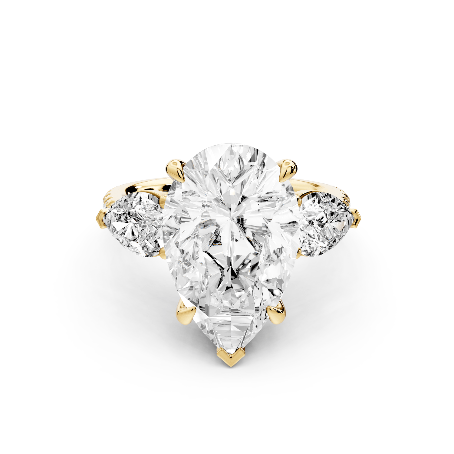 Alma - 5ct 18k yellow gold pear center stone with two pear shaped diamonds and pavé. Three stone oval and pear Engagement ring with Pavé - Mr. Alex Jewelry