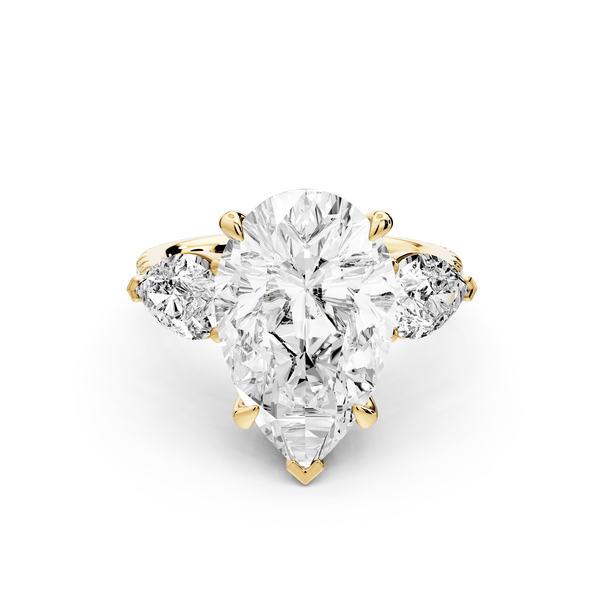 Alma - 5ct 18k yellow gold pear center stone with two pear shaped diamonds and pavé. Three stone oval and pear Engagement ring with Pavé - Mr. Alex Jewelry