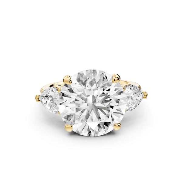Alma - 5ct 18k yellow gold round center stone with two pear shaped diamonds and pavé. Three stone oval and pear engagment ring with Pavé - Mr. Alex Jewelry