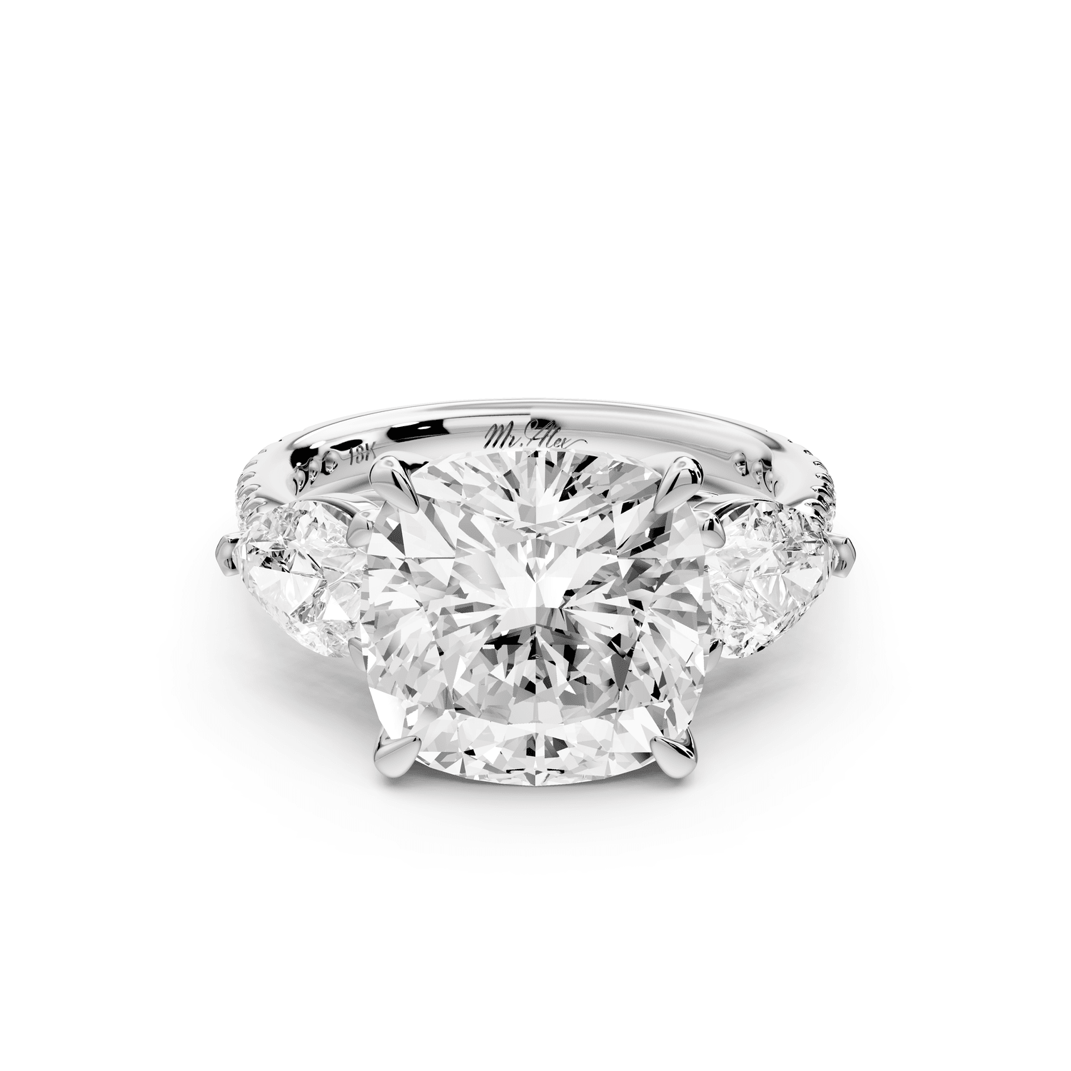 Alma - 5ct platinum cushion center stone with two pear shaped diamonds and pavé. Three stone oval and pear engagement ring with Pavé - Mr. Alex Jewelry