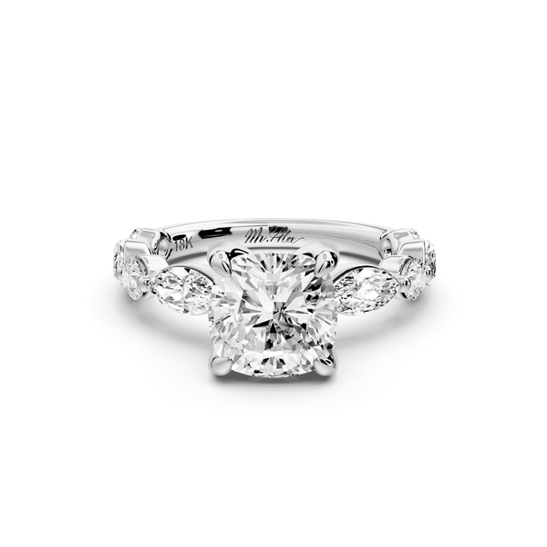 Amalia - 2ct 14k white gold cushion Round Diamond with Alternating 8 - Stone Marquise and Round Diamond Band Engagement Ring - Mr. Alex Jewelry