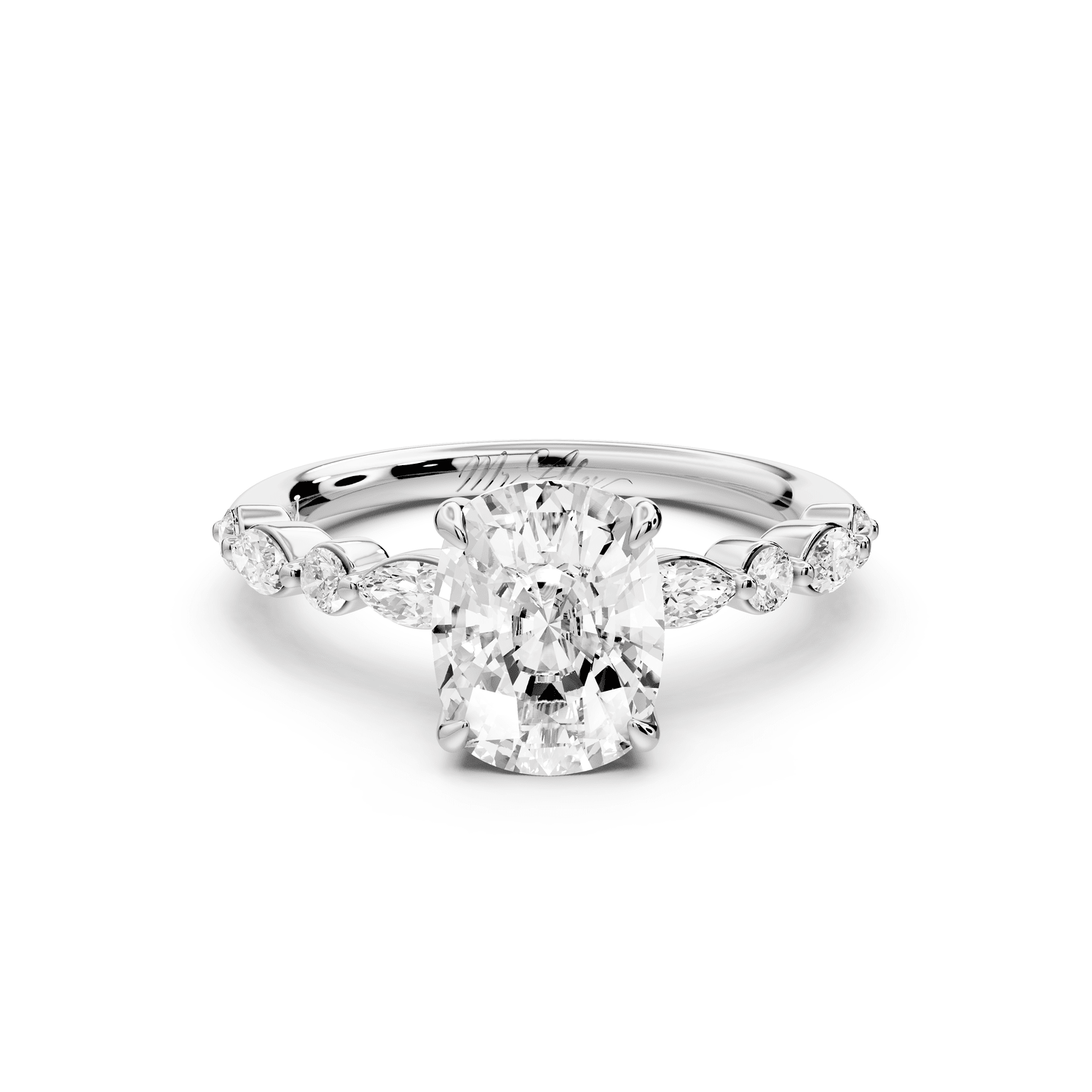 Amalia - 2ct 14k white gold ecushion Round Diamond with Alternating 8 - Stone Marquise and Round Diamond Band Engagement Ring - Mr. Alex Jewelry