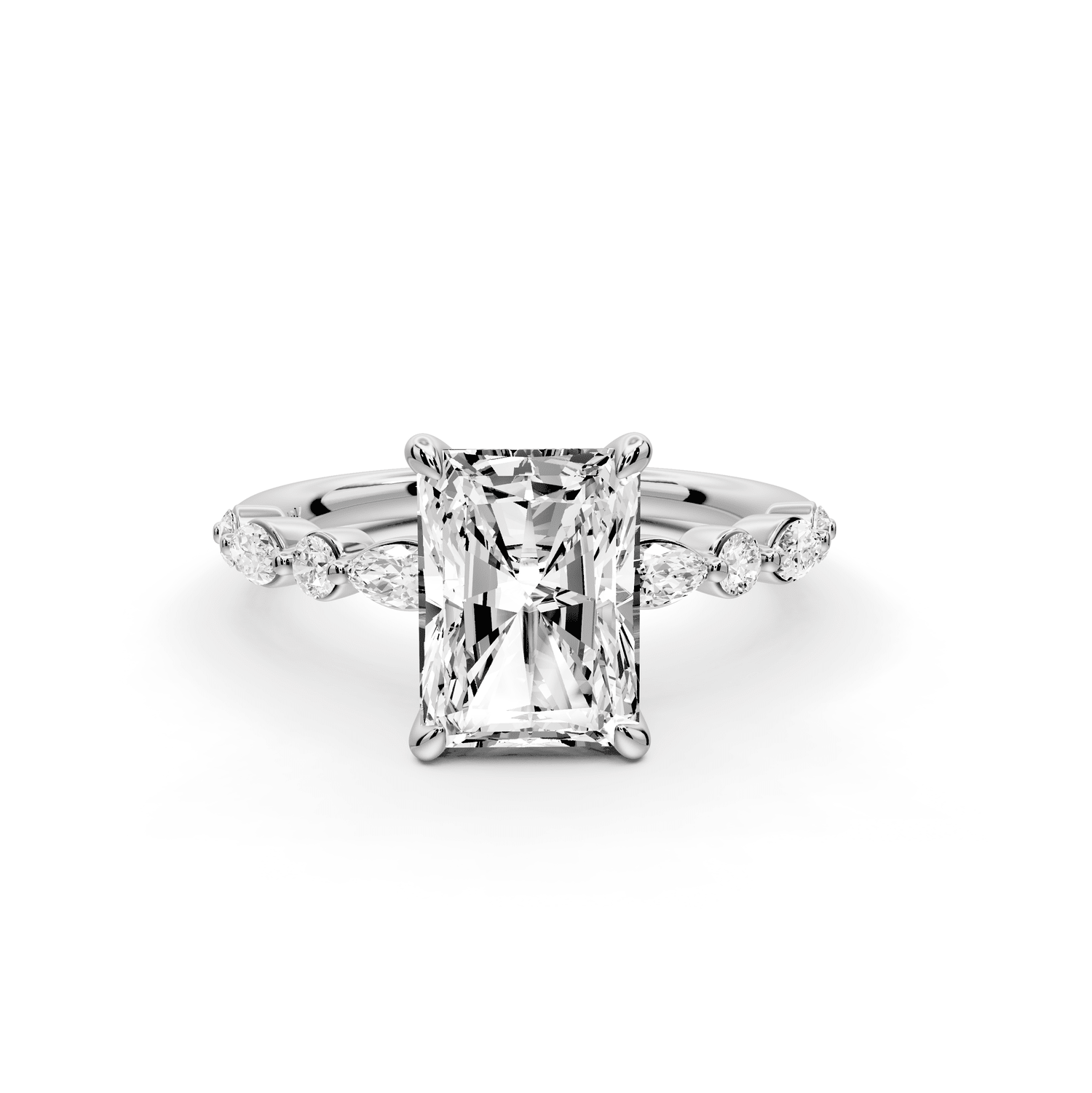 Amalia - 2ct 14k white gold radiant Round Diamond with Alternating 8 - Stone Marquise and Round Diamond Band Engagement Ring - Mr. Alex Jewelry