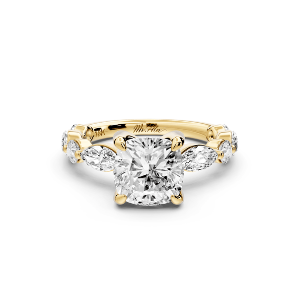 Amalia - 2ct 14k yellow gold cushion Round Diamond with Alternating 8 - Stone Marquise and Round Diamond Band Engagement Ring - Mr. Alex Jewelry