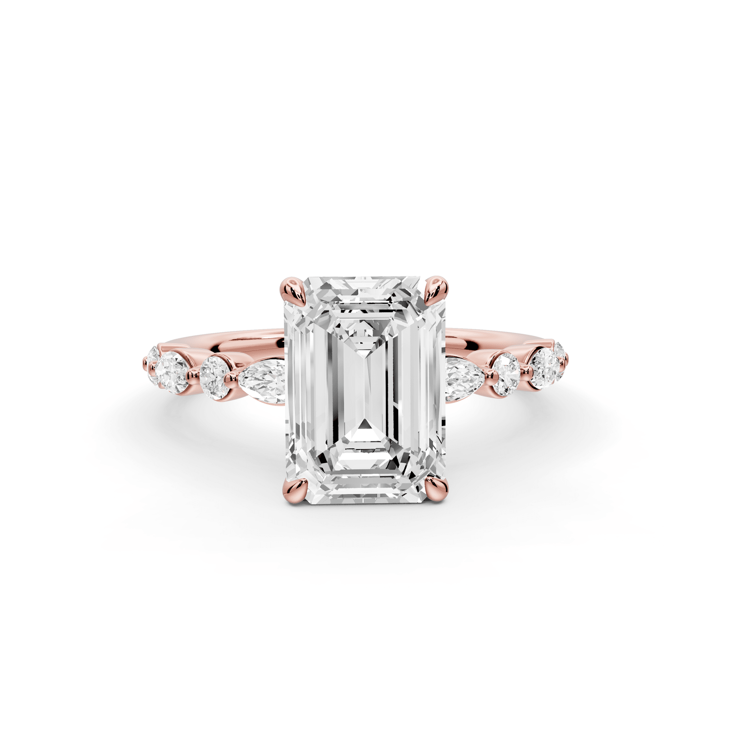 Amalia - 2ct 18k rose gold emerald Round Diamond with Alternating 8 - Stone Marquise and Round Diamond Band Engagement Ring - Mr. Alex Jewelry