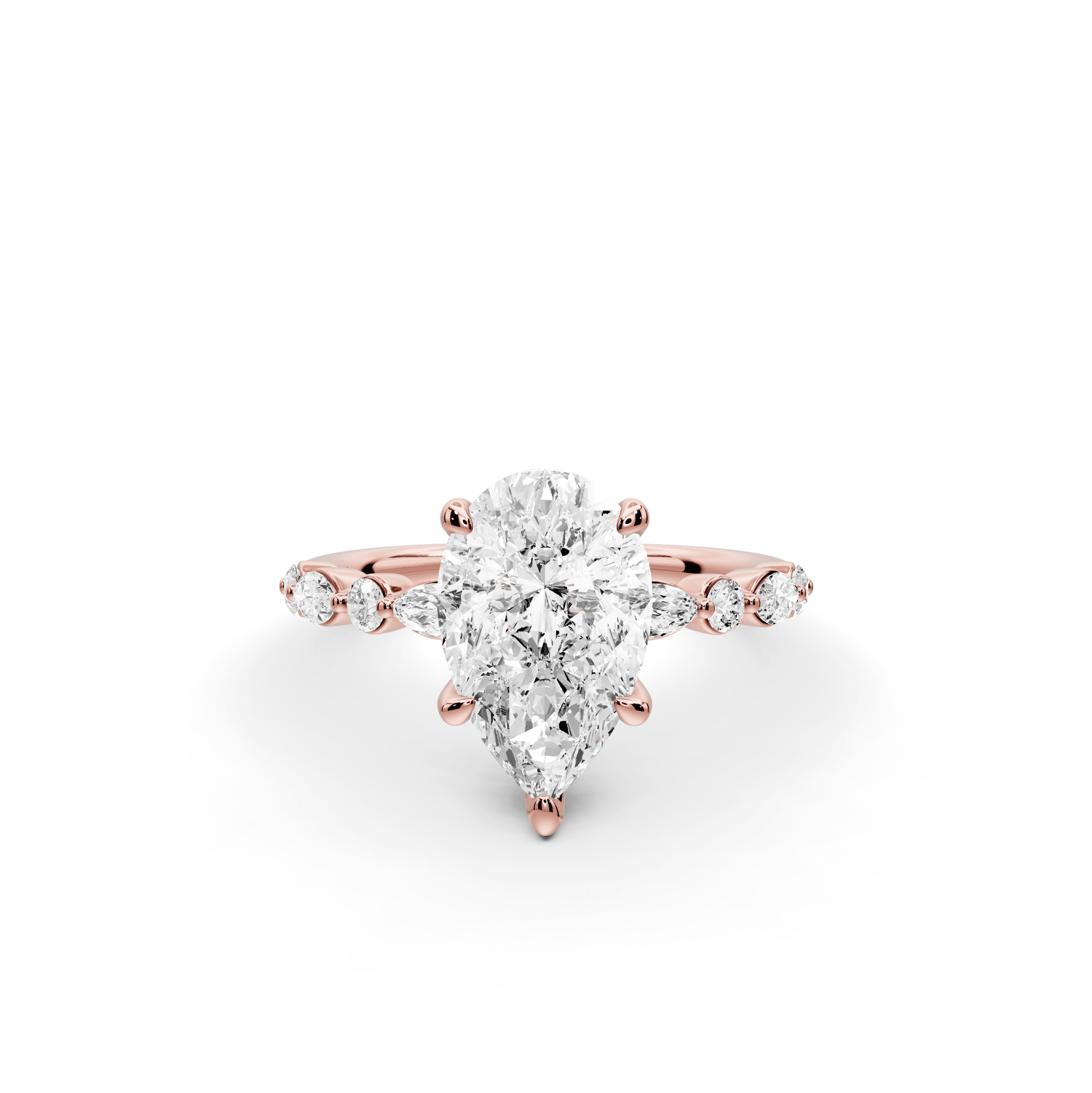 Amalia - 2ct 18k rose gold pear Round Diamond with Alternating 8 - Stone Marquise and Round Diamond Band Engagement Ring - Mr. Alex Jewelry