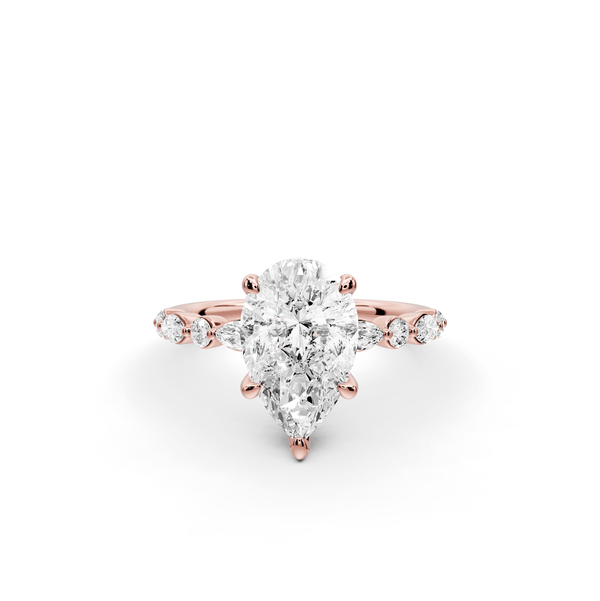Amalia - 2ct 18k rose gold pear Round Diamond with Alternating 8 - Stone Marquise and Round Diamond Band Engagement Ring - Mr. Alex Jewelry