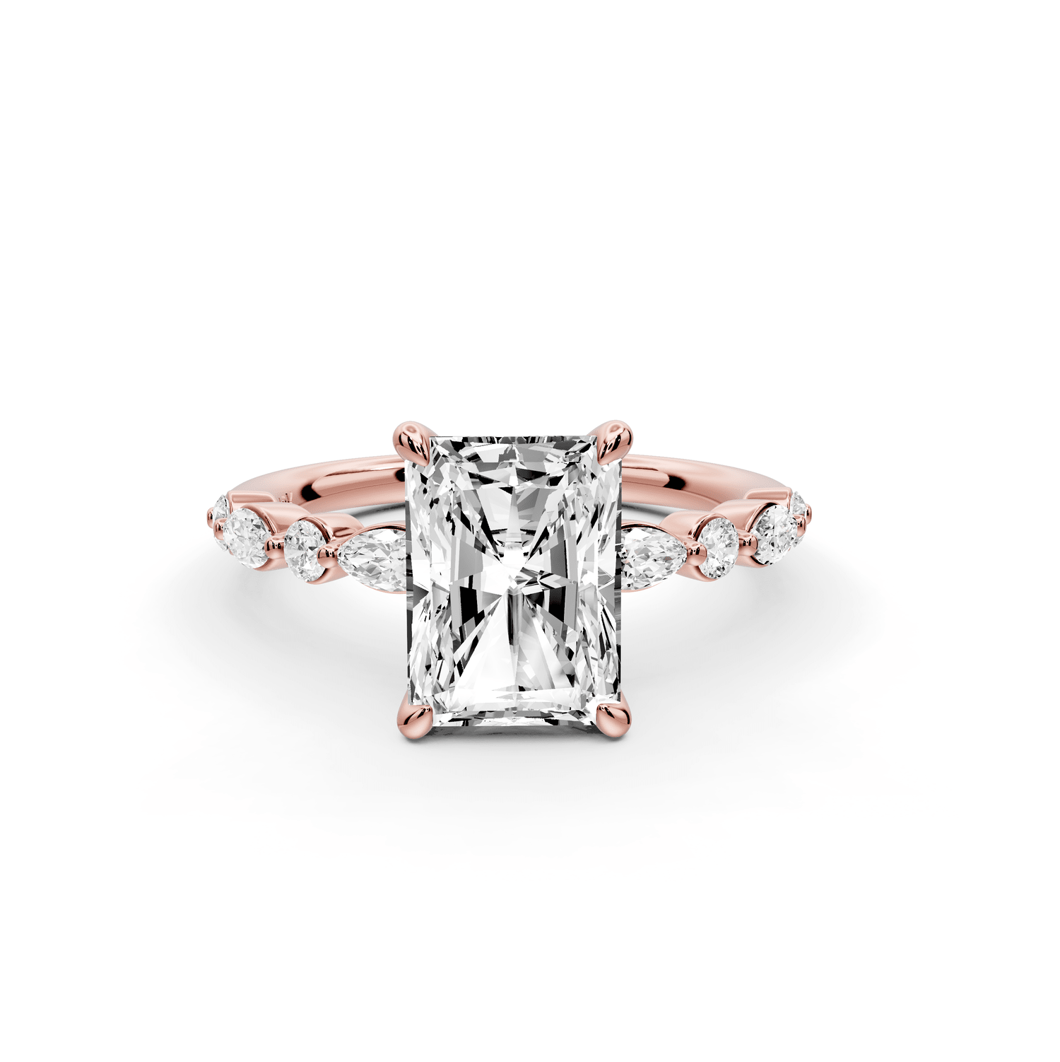Amalia - 2ct 18k rose gold radiant Round Diamond with Alternating 8 - Stone Marquise and Round Diamond Band Engagement Ring - Mr. Alex Jewelry