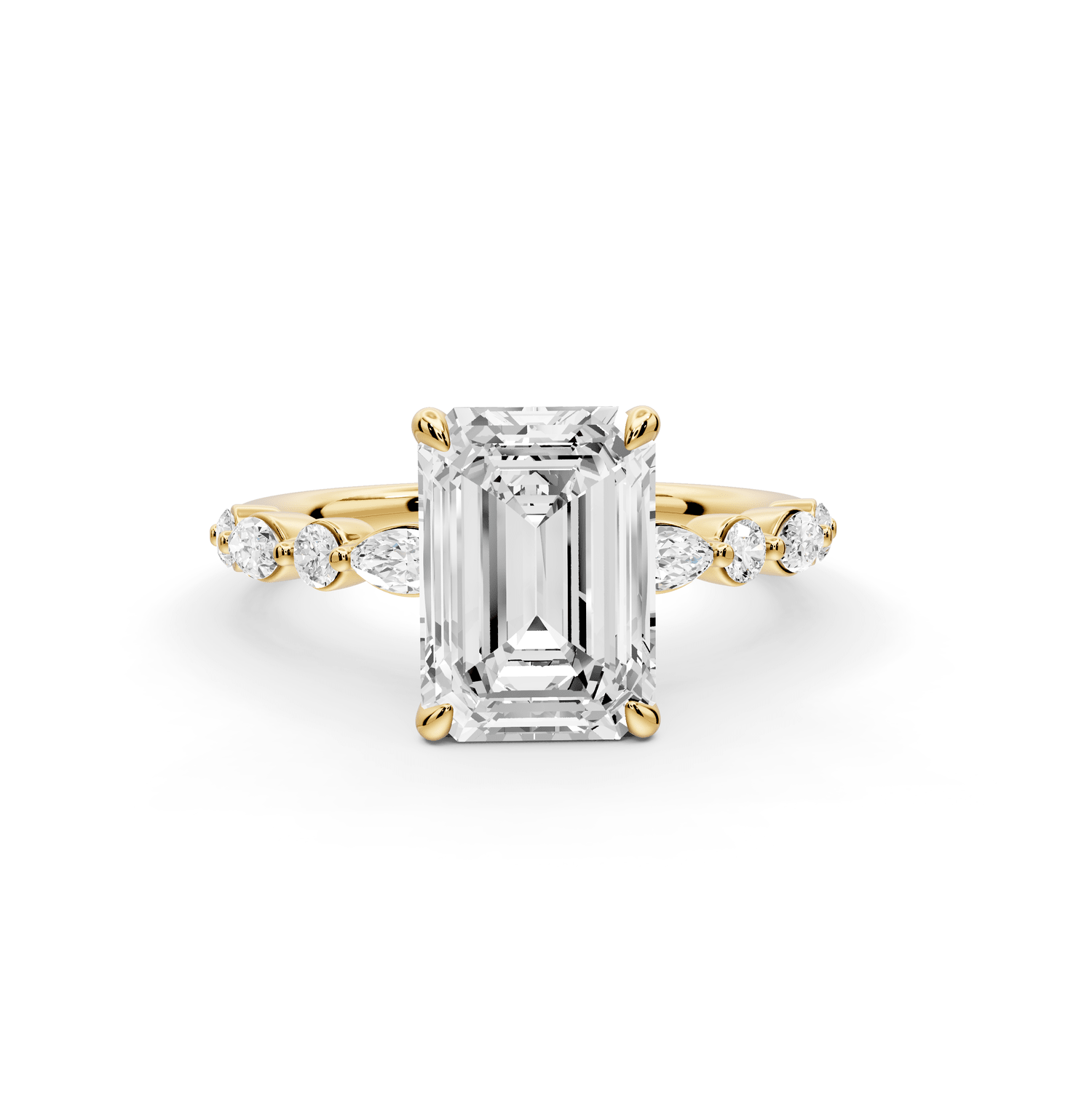 Amalia - 2ct 18k yellow gold emerald Round Diamond with Alternating 8 - Stone Marquise and Round Diamond Band Engagement Ring - Mr. Alex Jewelry