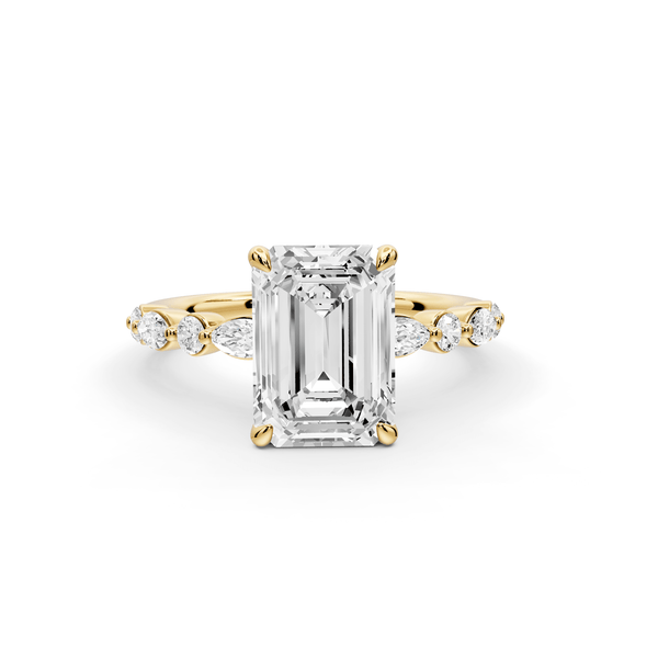 Amalia - 2ct 18k yellow gold emerald Round Diamond with Alternating 8 - Stone Marquise and Round Diamond Band Engagement Ring - Mr. Alex Jewelry