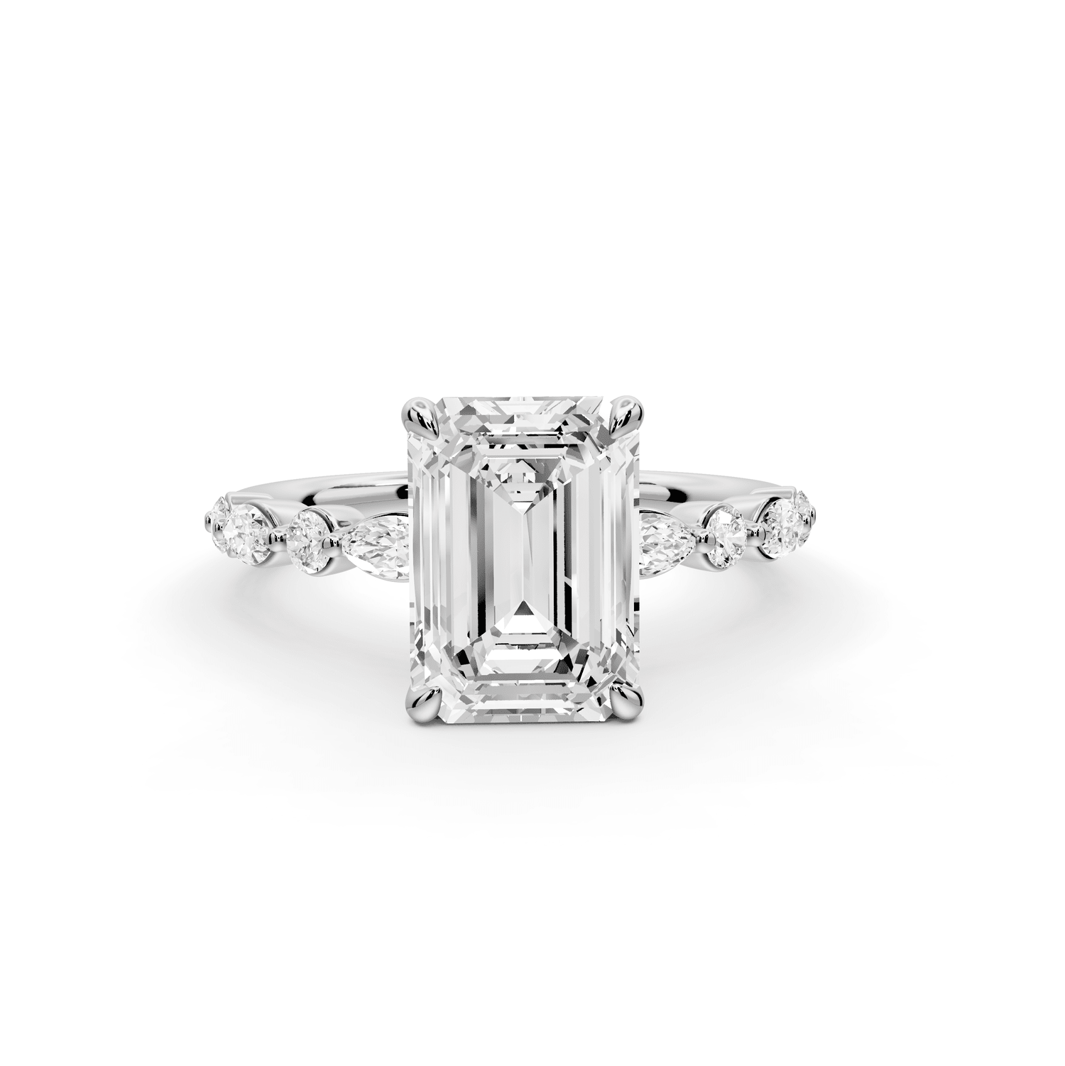Amalia - 2ct platinum emerald Round Diamond with Alternating 8 - Stone Marquise and Round Diamond Band Engagement Ring - Mr. Alex Jewelry