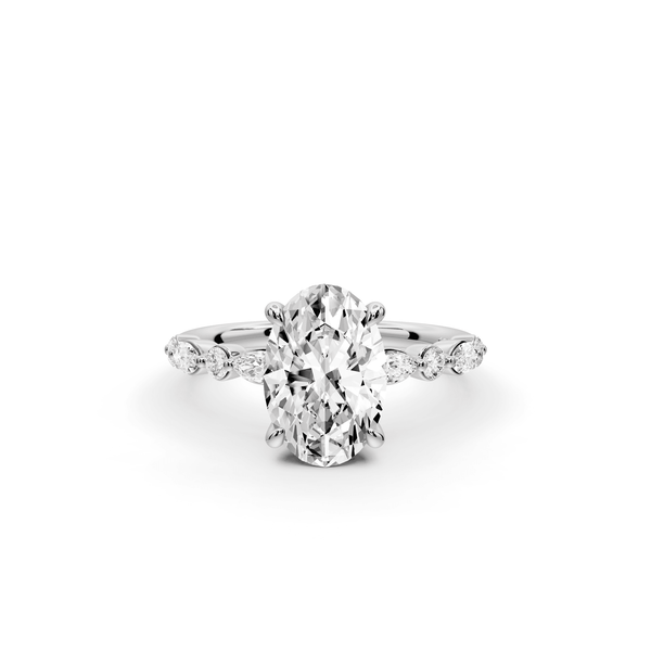 Amalia - 2ct platinum oval Round Diamond with Alternating 8 - Stone Marquise and Round Diamond Band Engagement Ring - Mr. Alex Jewelry