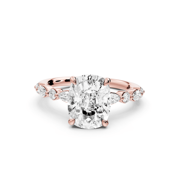Amalia - 3ct 14k rose gold ecushion Round Diamond with Alternating 8 - Stone Marquise and Round Diamond Band Engagement Ring - Mr. Alex Jewelry