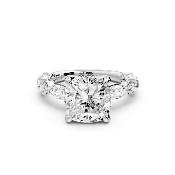 Amalia - 3ct 14k white gold cushion Round Diamond with Alternating 8 - Stone Marquise and Round Diamond Band Engagement Ring - Mr. Alex Jewelry
