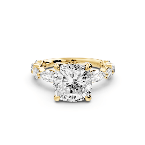 Amalia - 3ct 14k yellow gold cushion Round Diamond with Alternating 8 - Stone Marquise and Round Diamond Band Engagement Ring - Mr. Alex Jewelry