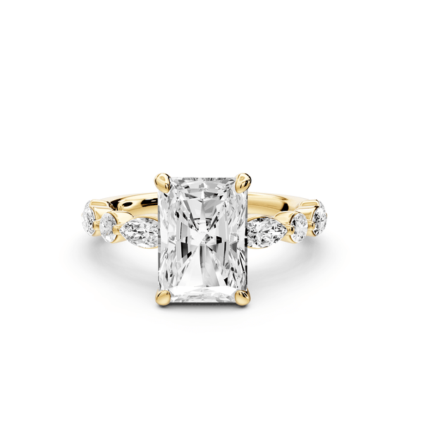 Amalia - 3ct 14k yellow gold radiant Round Diamond with Alternating 8 - Stone Marquise and Round Diamond Band Engagement Ring - Mr. Alex Jewelry