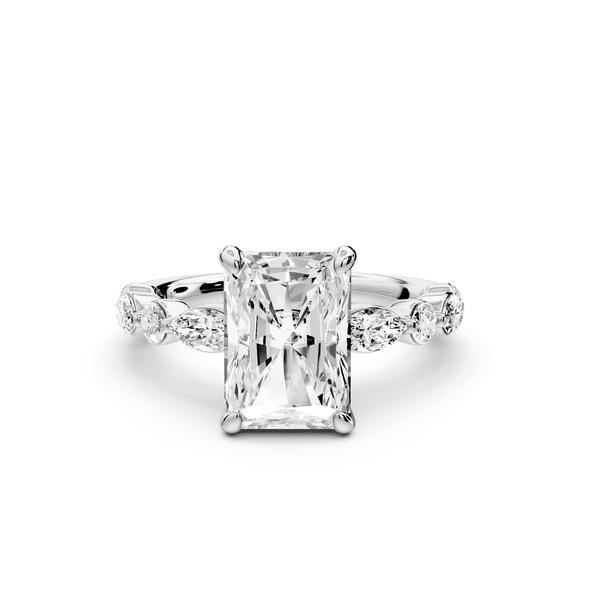 Amalia - 3ct 18k white gold radiant Round Diamond with Alternating 8 - Stone Marquise and Round Diamond Band Engagement Ring - Mr. Alex Jewelry