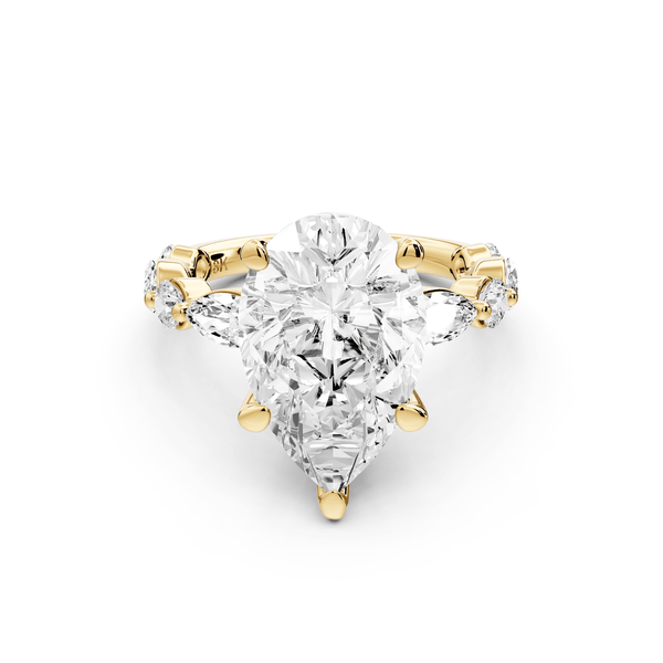 Amalia - 3ct 18k yellow gold pear Round Diamond with Alternating 8 - Stone Marquise and Round Diamond Band Engagement Ring - Mr. Alex Jewelry