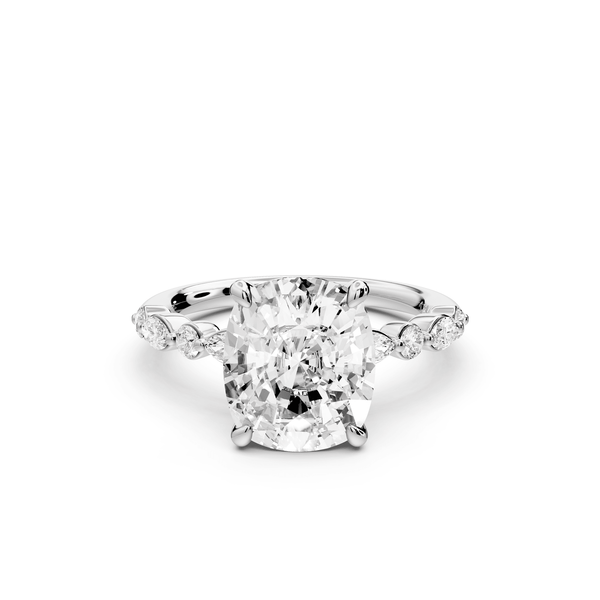 Amalia - 4ct 14k white gold ecushion Round Diamond with Alternating 8 - Stone Marquise and Round Diamond Band Engagement Ring - Mr. Alex Jewelry