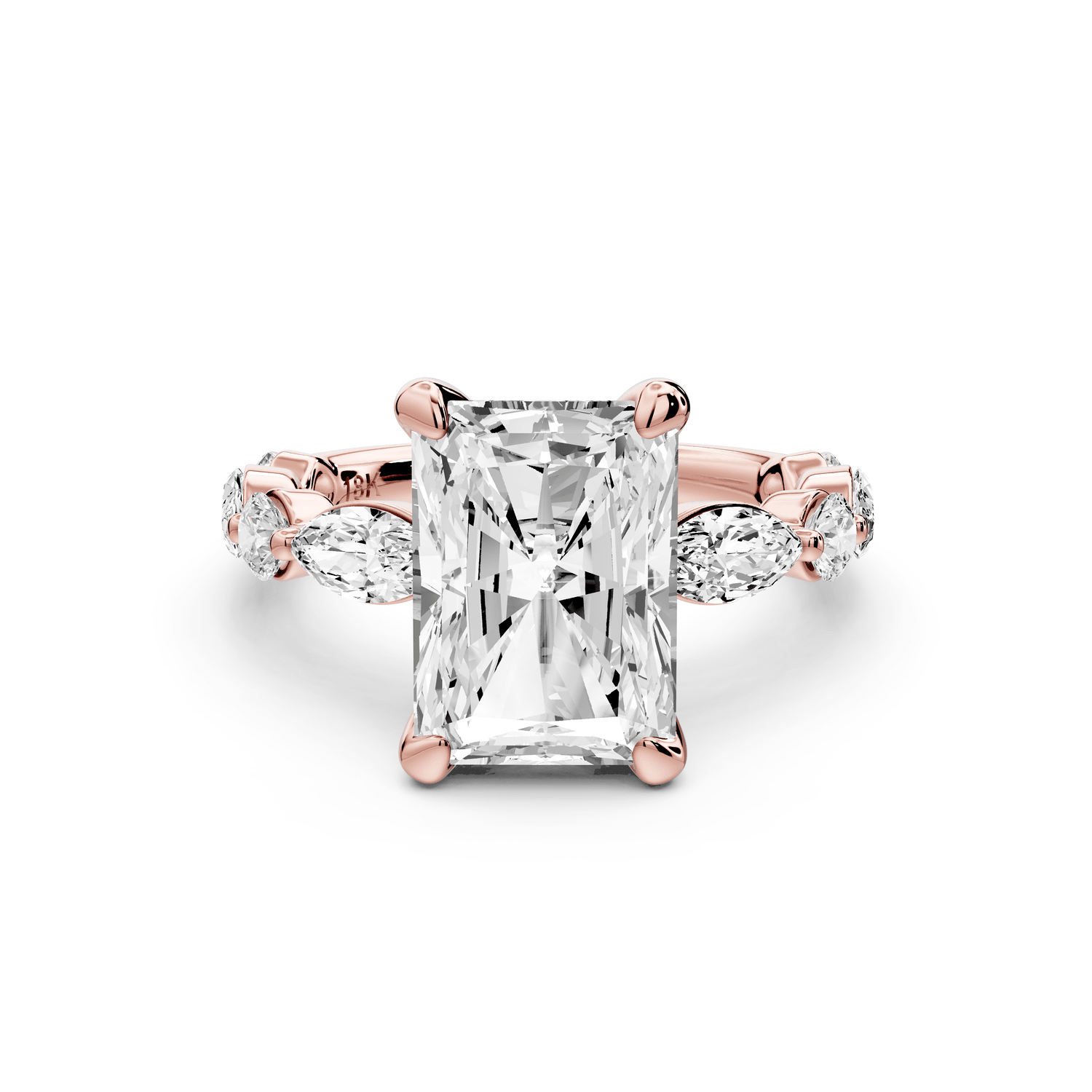 Amalia - 4ct 18k rose gold radiant Round Diamond with Alternating 8 - Stone Marquise and Round Diamond Band Engagement Ring - Mr. Alex Jewelry
