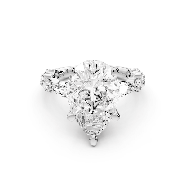 Amalia - 4ct platinum pear Round Diamond with Alternating 8 - Stone Marquise and Round Diamond Band Engagement Ring - Mr. Alex Jewelry