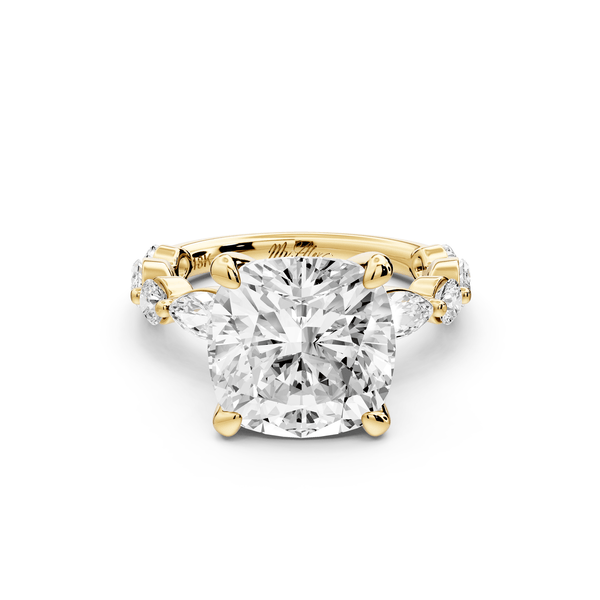 Amalia - 5ct 14k yellow gold cushion Round Diamond with Alternating 8 - Stone Marquise and Round Diamond Band Engagement Ring - Mr. Alex Jewelry