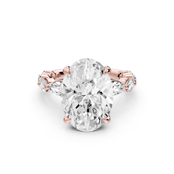 Amalia - 5ct 18k rose gold oval Round Diamond with Alternating 8 - Stone Marquise and Round Diamond Band Engagement Ring - Mr. Alex Jewelry