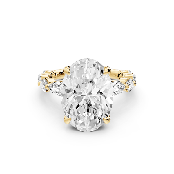 Amalia - 5ct 18k yellow gold oval Round Diamond with Alternating 8 - Stone Marquise and Round Diamond Band Engagement Ring - Mr. Alex Jewelry