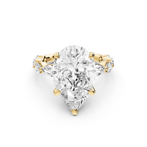 Amalia - 5ct 18k yellow gold pear Round Diamond with Alternating 8 - Stone Marquise and Round Diamond Band Engagement Ring - Mr. Alex Jewelry