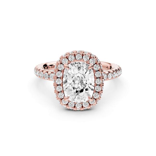 Amelie - 2ct 14k rose gold ecushion Diamond with Rollover Halo and Pavé engagement Ring - Mr. Alex Jewelry