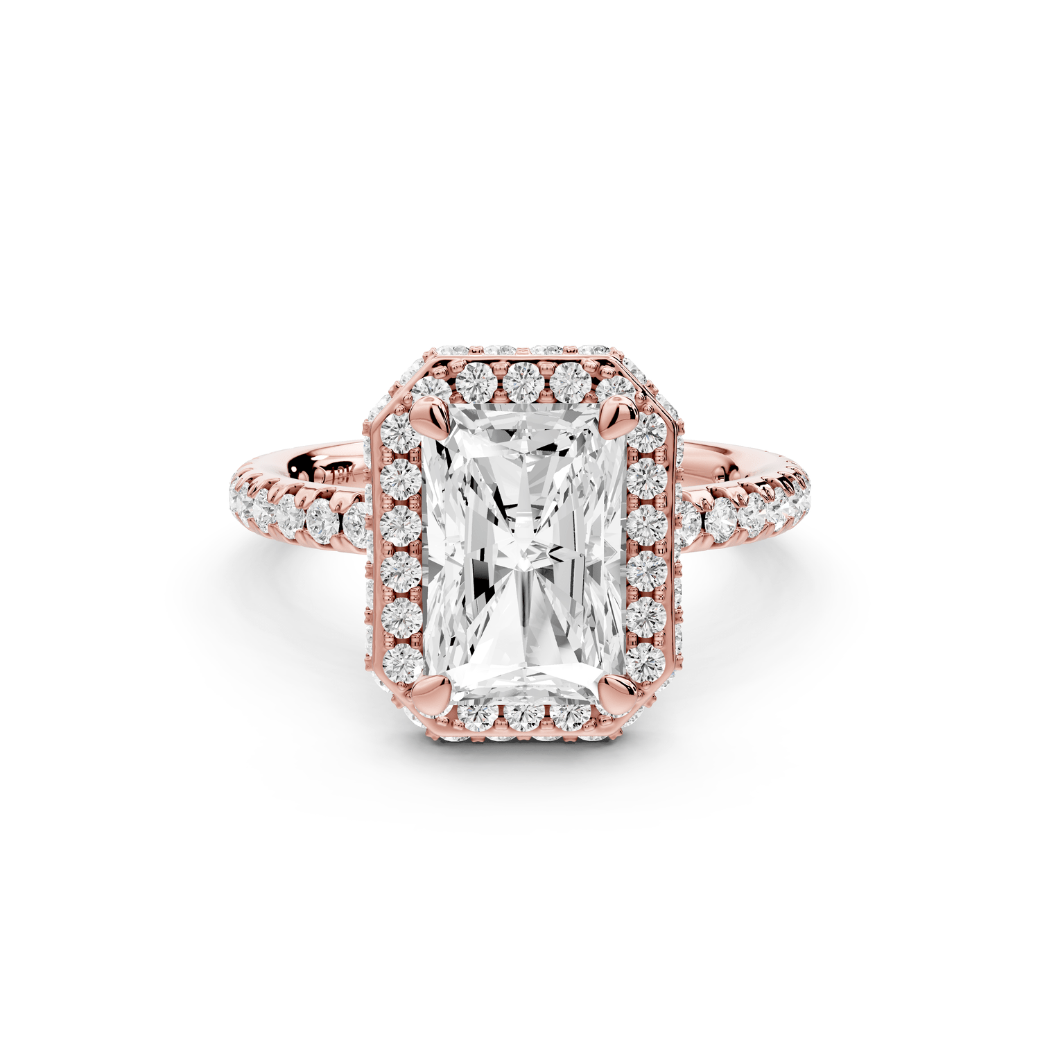 Amelie - 2ct 14k rose gold radiant Diamond with Rollover Halo and Pavé engagement Ring - Mr. Alex Jewelry