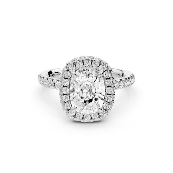 Amelie - 2ct 14k white gold ecushion Diamond with Rollover Halo and Pavé engagement Ring - Mr. Alex Jewelry