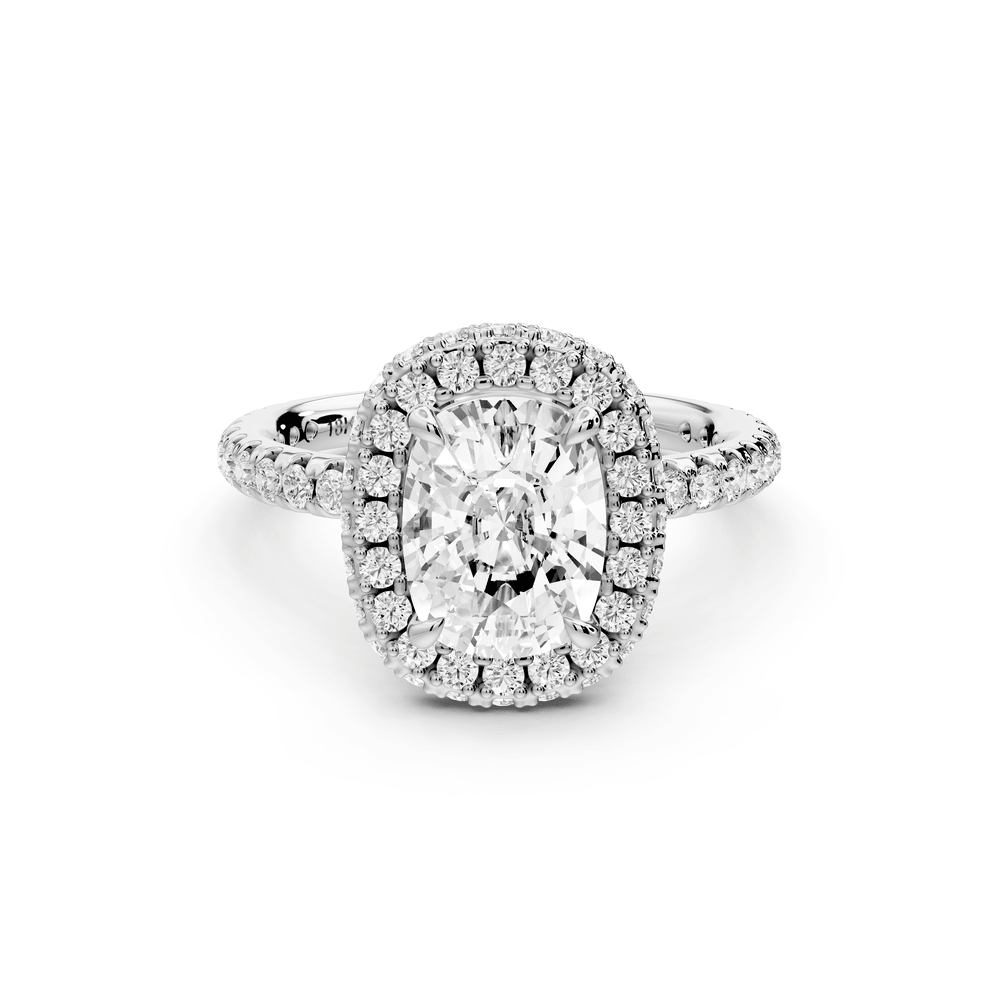 Amelie - 2ct 14k white gold ecushion Diamond with Rollover Halo and Pavé engagement Ring - Mr. Alex Jewelry