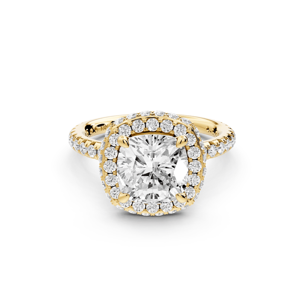 Amelie - 2ct 14k yellow gold cushion Diamond with Rollover Halo and Pavé engagement Ring - Mr. Alex Jewelry