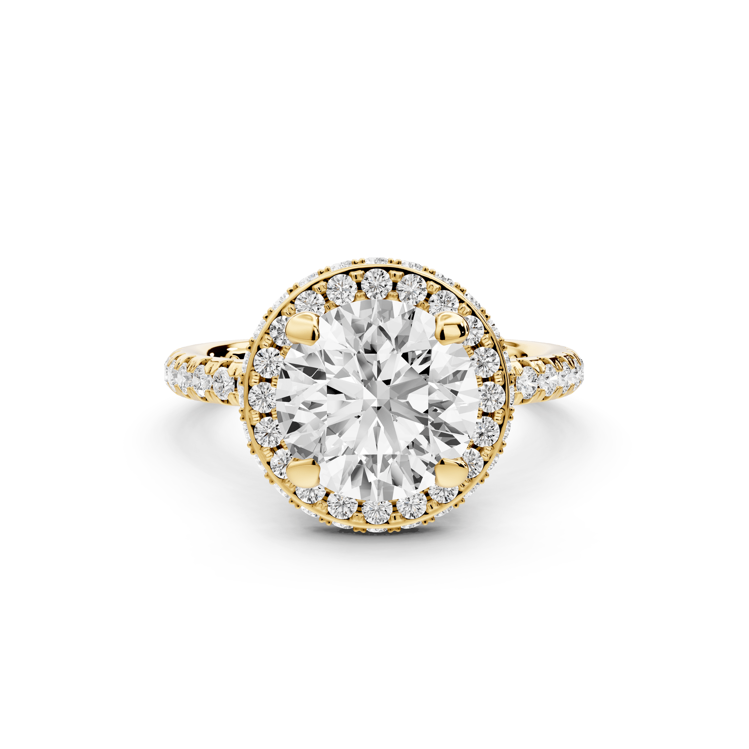 Amelie - 2ct 14k yellow gold round Diamond with Rollover Halo and Pavé Engagment Ring - Mr. Alex Jewelry