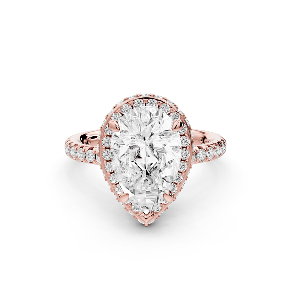 Amelie - 2ct 18k rose gold pear Diamond with Rollover Halo and Pavé Engagement Ring - Mr. Alex Jewelry